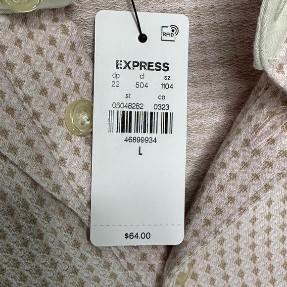 Express Mens Geometric Diamond Polo Shirt Tan Cream Short Sleeve Button Down L - Picture 8 of 8